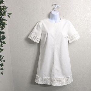 Cinq a Sept Woman White Military Short Sleeve Mini Dress A-Line Ruffle Smocked 2